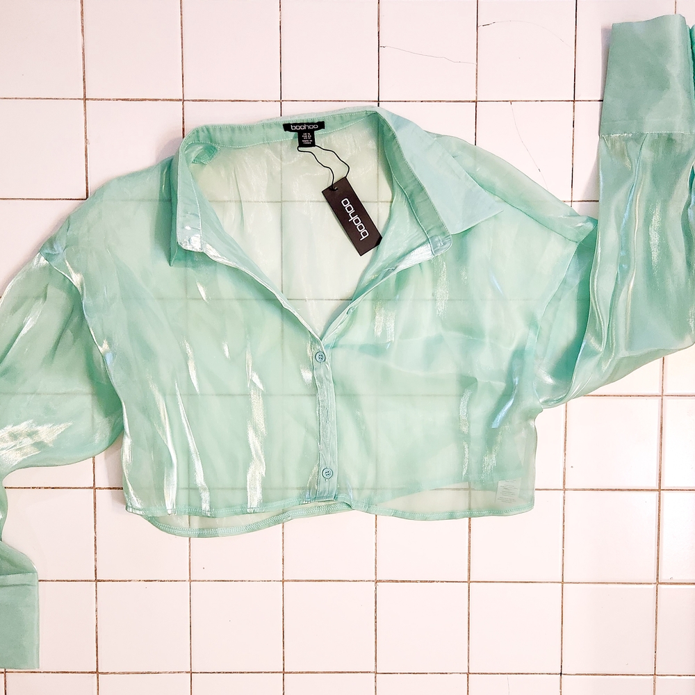Boohoo Light Green Sheer Cropped Shirt